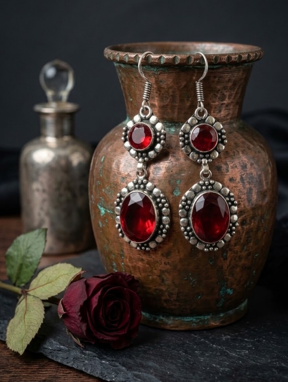 Garnet 925 Sterling Silver Drop Earrings Oxidized Double Stone Dark Romance 2.3"
